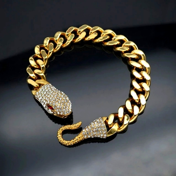 Jewelry - Bling Gold Color Stainless Steel Snakehead in Cuban Link Chain Bracelet